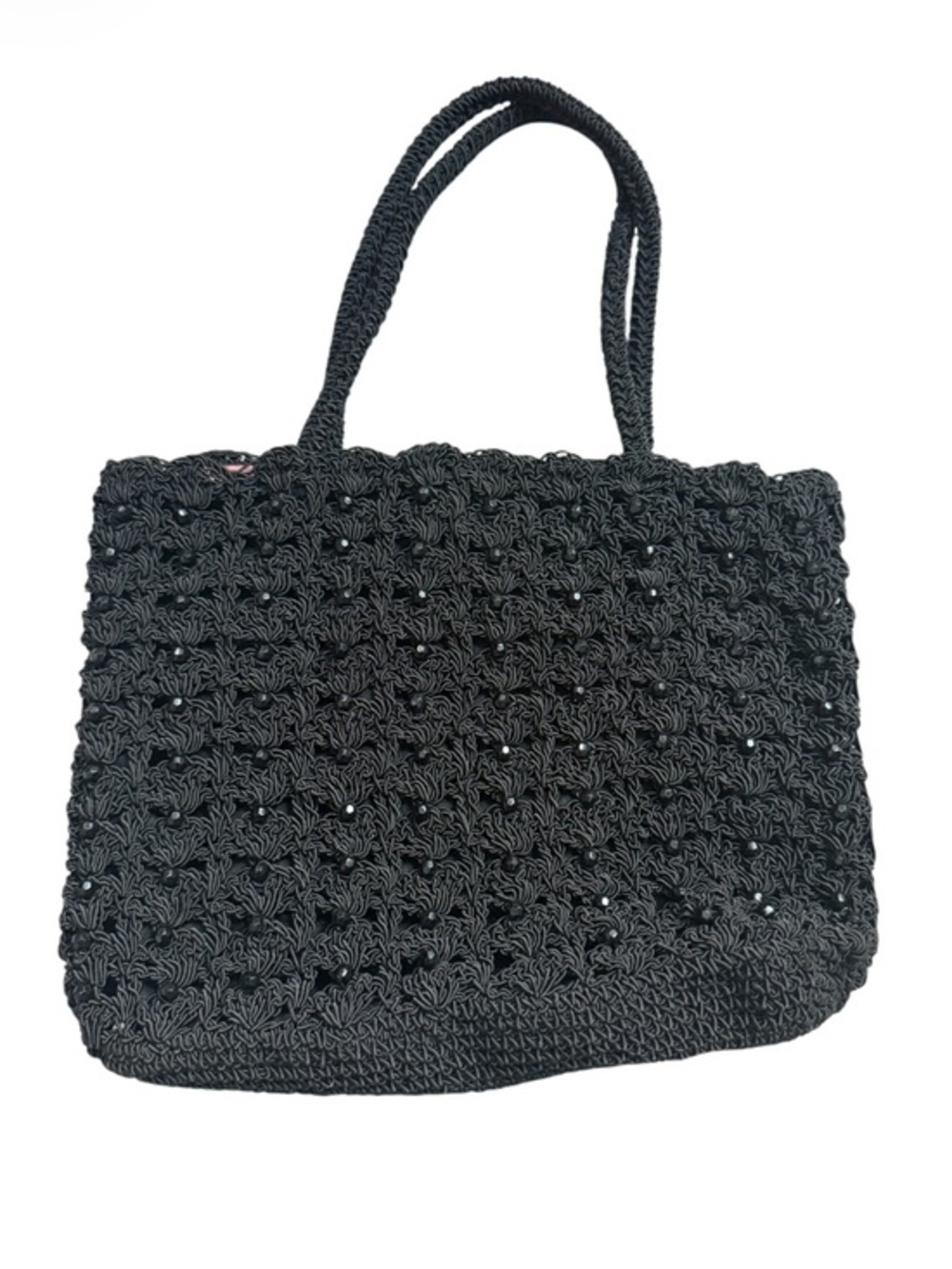 Arabella Vintage Black Beaded Crochet Cord Tote Bag Boho Glam Evening‎ Small